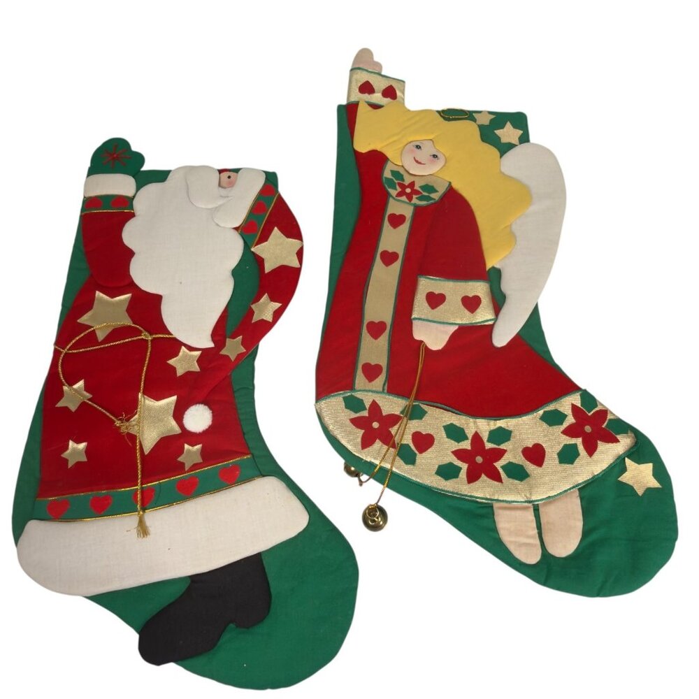 Vintage Christmas Stockings Santa Angel Green Red Appliqué 3D